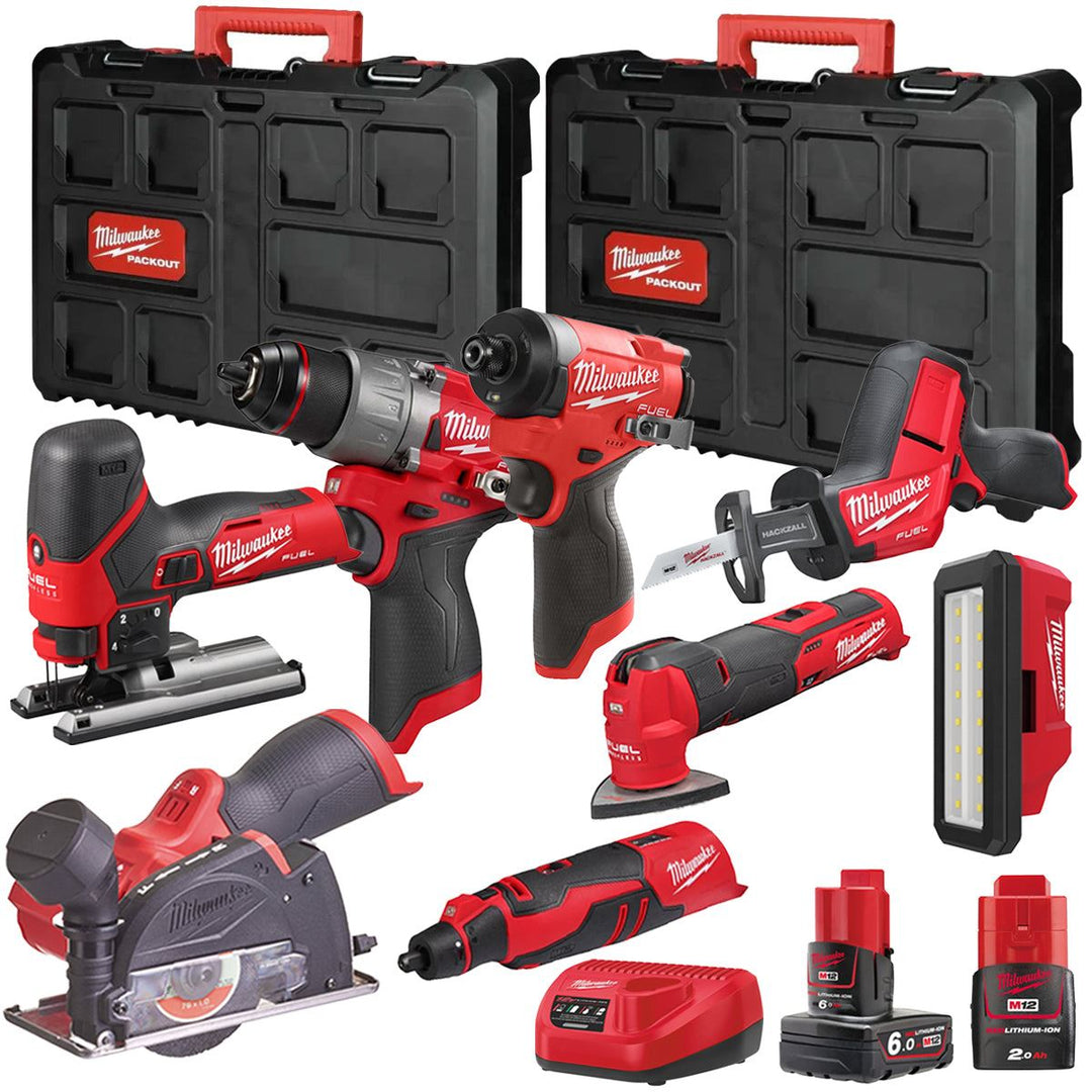 Milwaukee M12FPP7B2-633P 12V Fuel 8 Piece Powerpack Tool Kit with 1 x 6.0Ah & 2.0Ah Batteries, Charger & Case