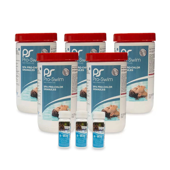 Pro-Swim 5 x 1kg Hot Tub Chlorine Granules and 150 Test Strips