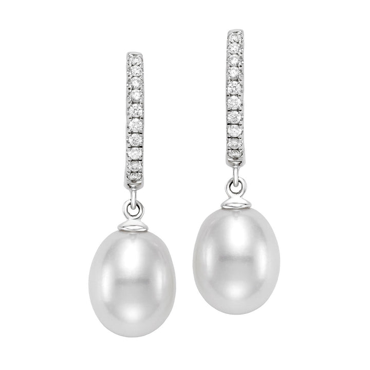 8.5-9mm Cultured Freshwater White Pearl & 0.16ctw Diamond Earrings, 18ct White Gold