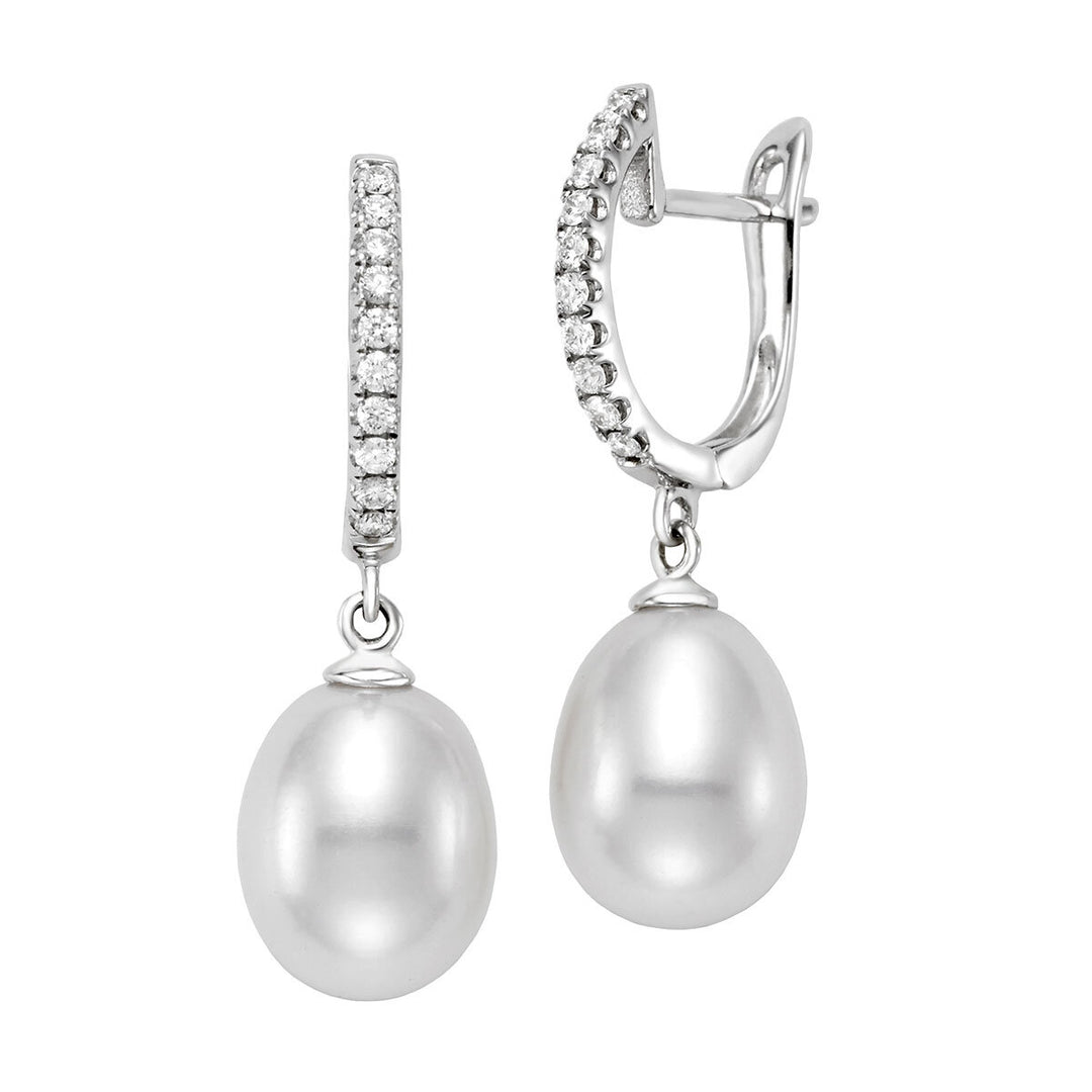 8.5-9mm Cultured Freshwater White Pearl & 0.16ctw Diamond Earrings, 18ct White Gold