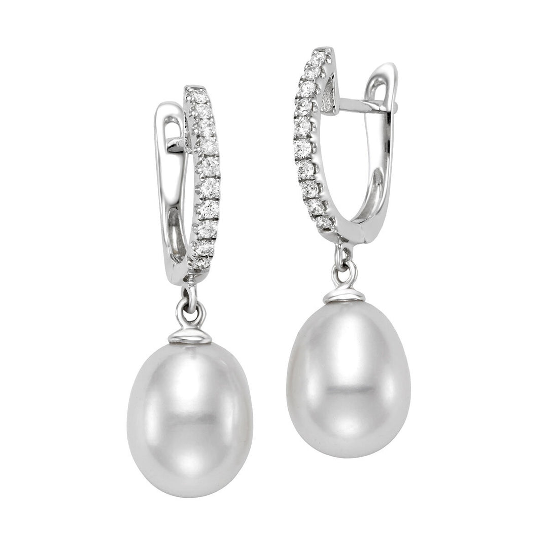 8.5-9mm Cultured Freshwater White Pearl & 0.16ctw Diamond Earrings, 18ct White Gold