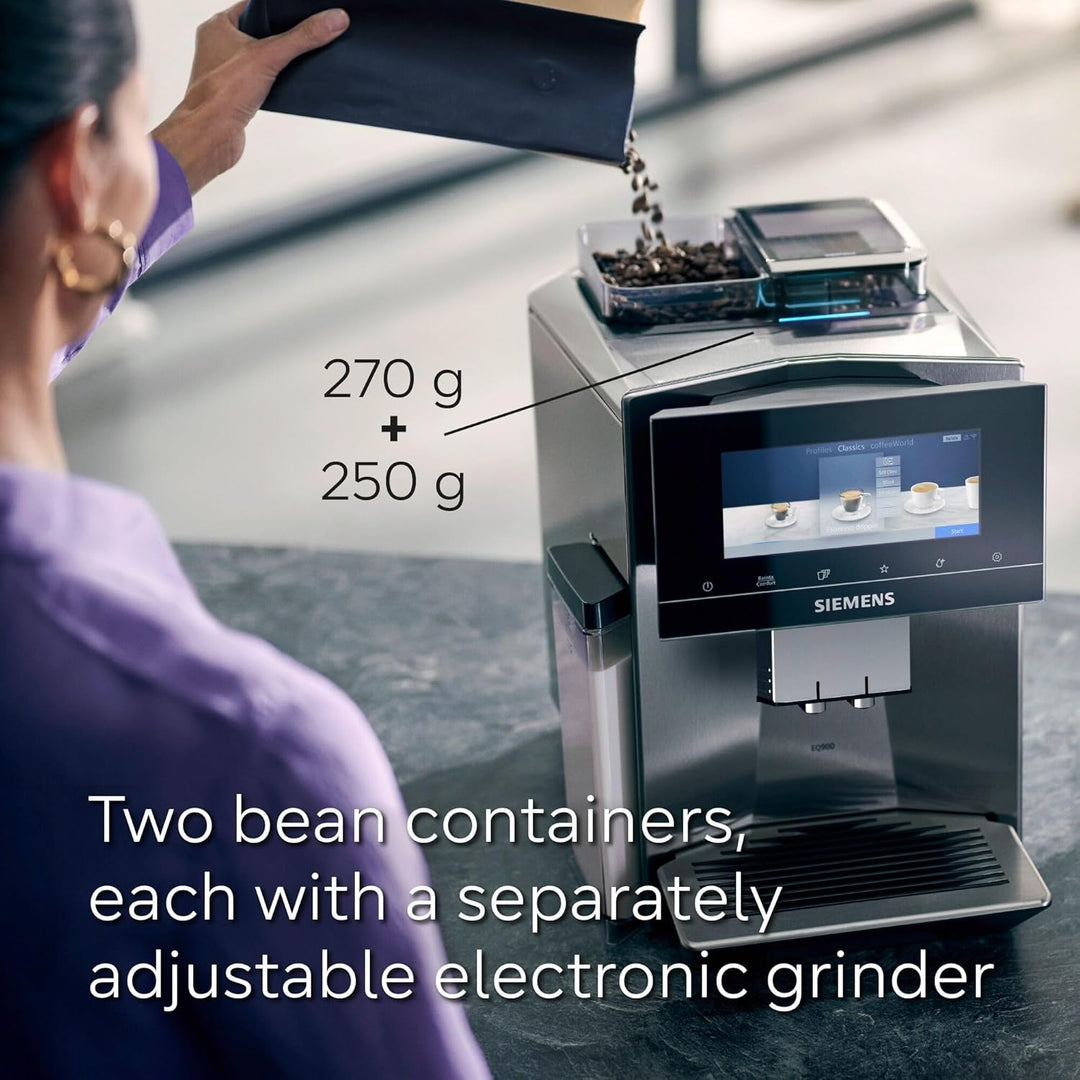 SIEMENS EQ900 Plus Fully Automatic Bean to Cup Coffee Machine, 6.8" Touch Screen Display, Auto Descaling/Cleaning, dual bean containers, baristaMode, beanIdent System, Home Connect, TQ907GZ3