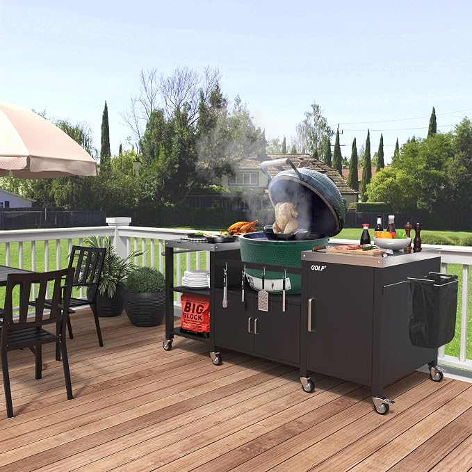 GDLF Outdoor Grill Table for XL Big Green Egg, Metal Grill Cart Big Green Table Only for Xlarge