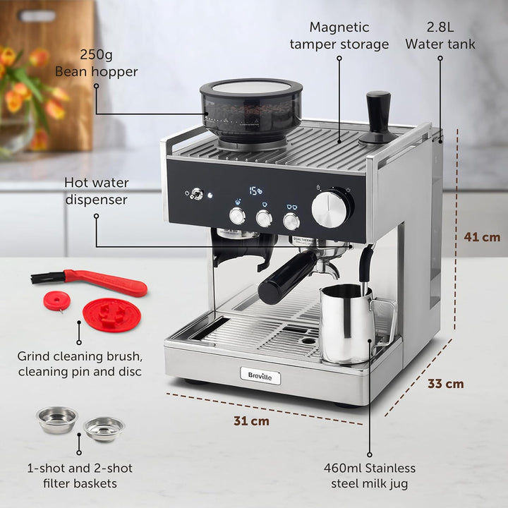 Breville Barista Signature Espresso Machine | Bean to Cup Coffee Maker with Integrated Coffee Grinder & Milk Frother | 15 Bar Italian Pump | Stainless Steel [VCF160]