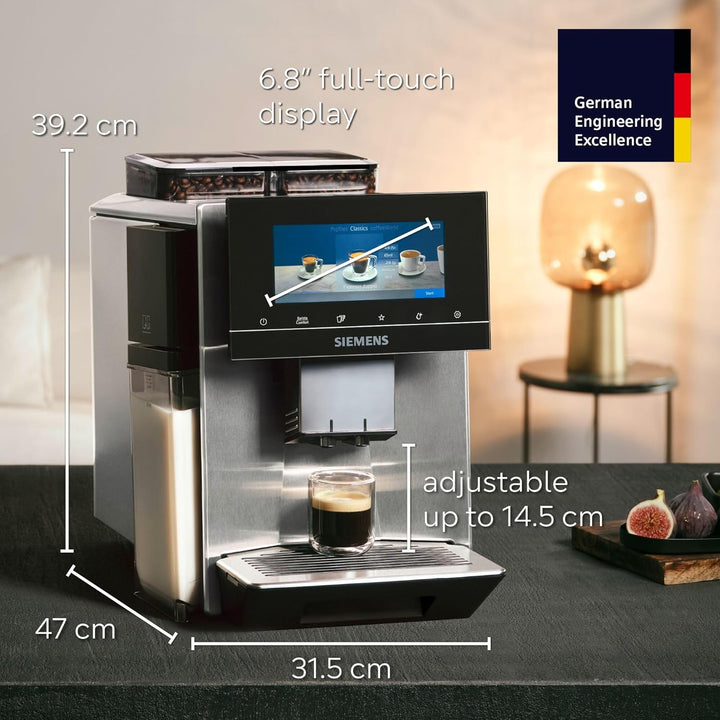 SIEMENS EQ900 Plus Fully Automatic Bean to Cup Coffee Machine, 6.8" Touch Screen Display, Auto Descaling/Cleaning, dual bean containers, baristaMode, beanIdent System, Home Connect, TQ907GZ3