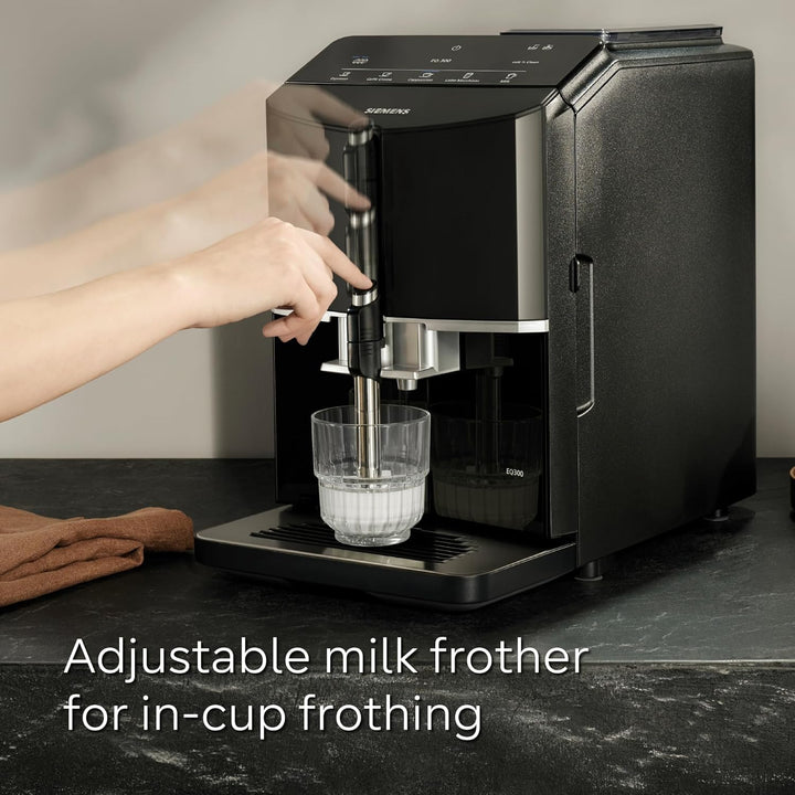 SIEMENS EQ300 Fully Automatic Bean to Cup Espresso Coffee Machine with milk frother arm, oneTouch Function, 4 coffee beverages, 3 coffee strengths, TF301G19, Piano Black