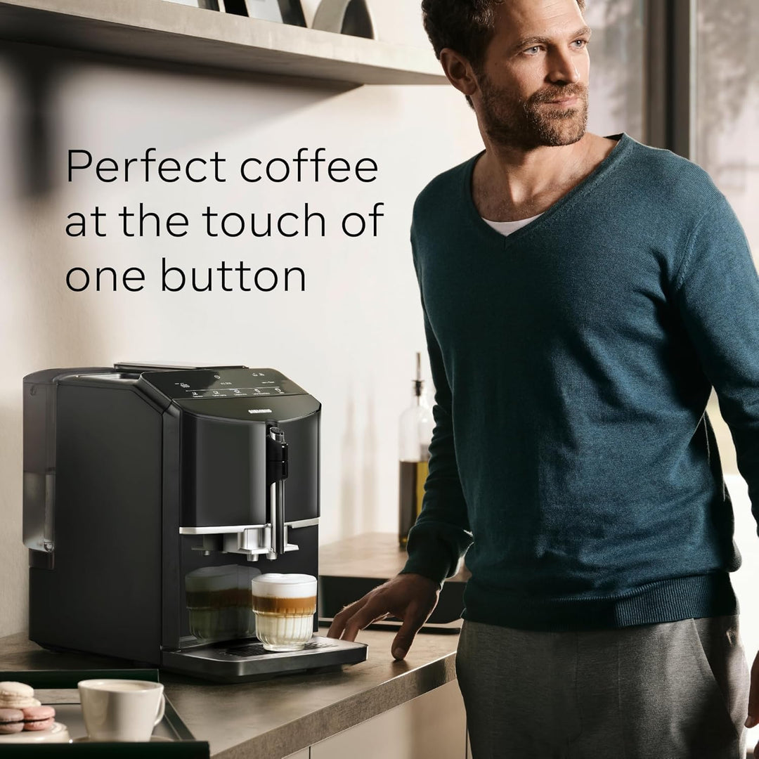SIEMENS EQ300 Fully Automatic Bean to Cup Espresso Coffee Machine with milk frother arm, oneTouch Function, 4 coffee beverages, 3 coffee strengths, TF301G19, Piano Black