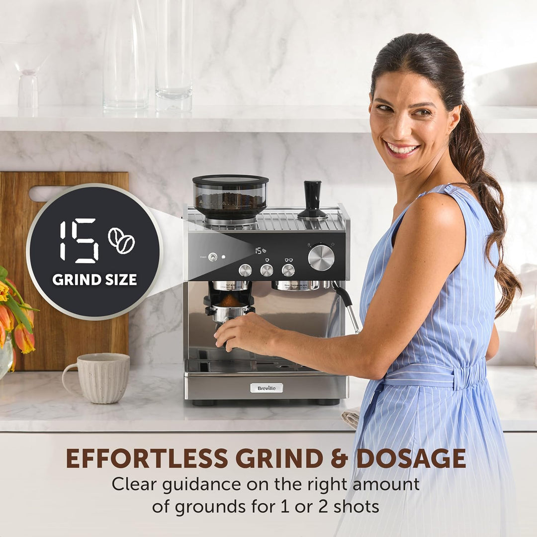 Breville Barista Signature Espresso Machine | Bean to Cup Coffee Maker with Integrated Coffee Grinder & Milk Frother | 15 Bar Italian Pump | Stainless Steel [VCF160]