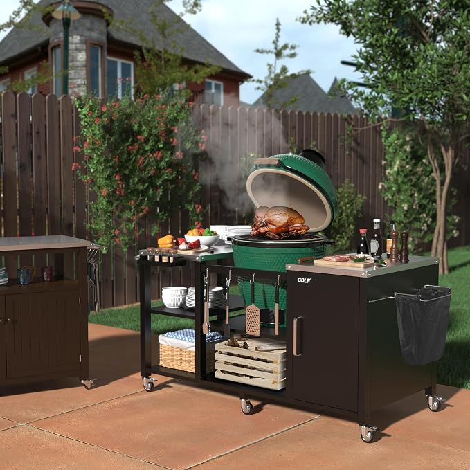 GDLF Outdoor Grill Table for Large Big Green Egg, Metal Grill Cart Station, Large Big Green Egg Table Only