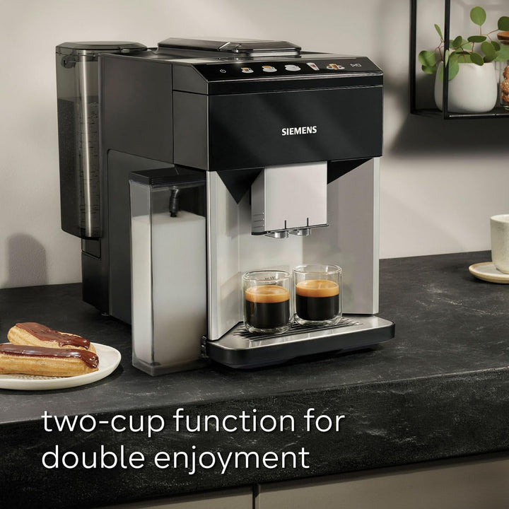 SIEMENS EQ500 Fully Automatic Bean to Cup Coffee Machine with coffeeSelect Display, oneTouch DoubleCup, 9 Coffee Beverages, autoMilk Clean in Daylight, TQ513GB1, Silver/Piano Black