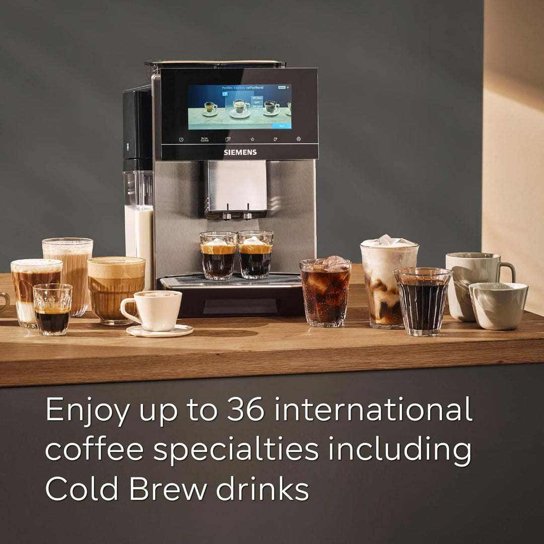 SIEMENS EQ900 Plus Fully Automatic Bean to Cup Coffee Machine, 6.8" Touch Screen Display, Auto Descaling/Cleaning, dual bean containers, baristaMode, beanIdent System, Home Connect, TQ907GZ3