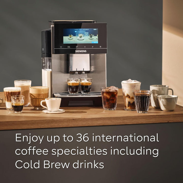 SIEMENS EQ900 Plus Fully Automatic Bean to Cup Coffee Machine, 6.8" Touch Screen Display, Auto Descaling/Cleaning, dual bean containers, baristaMode, beanIdent System, Home Connect, TQ907GZ3