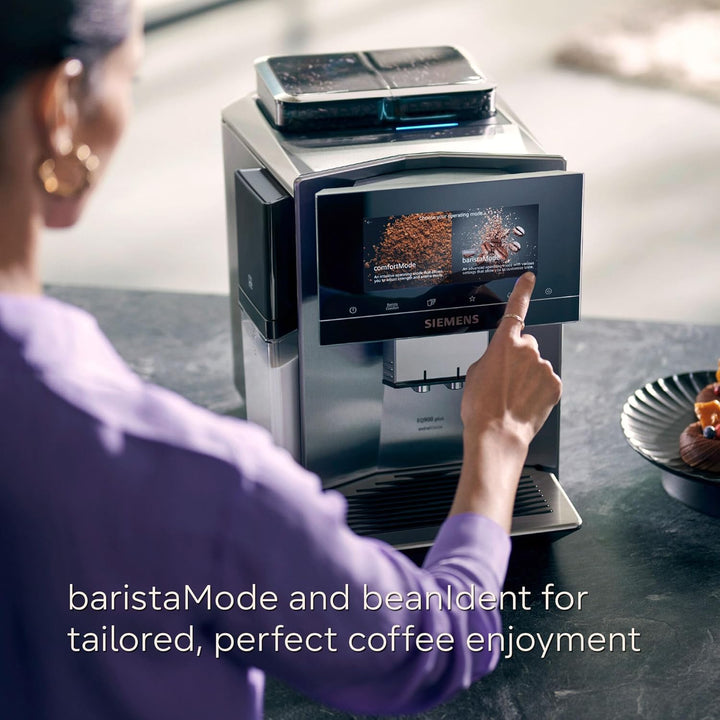 SIEMENS EQ900 Plus Fully Automatic Bean to Cup Coffee Machine, 6.8" Touch Screen Display, Auto Descaling/Cleaning, dual bean containers, baristaMode, beanIdent System, Home Connect, TQ907GZ3