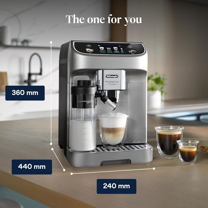 De'Longhi ECAM322.70.SB Magnifica Plus Automatic Coffee Machine with LatteCrema Hot, Bean to Cup Espresso Machine with 18 One-Touch Recipes, Full-Touch Control Panel, 1450W, Silver/Black