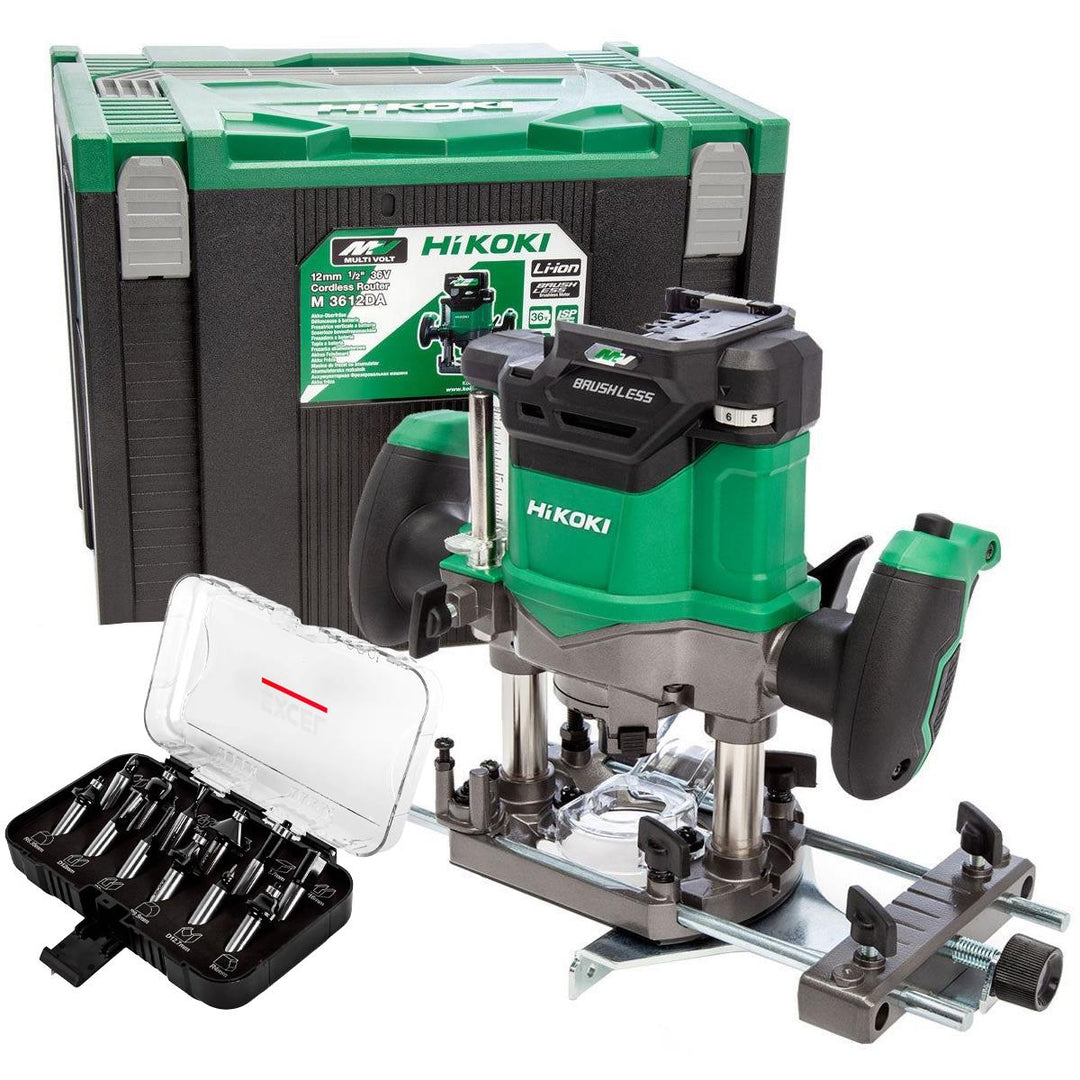 Hikoki M3612DAJ2Z 36V Brushless 1/2" Plunge Router with 12 Piece Cutter Set