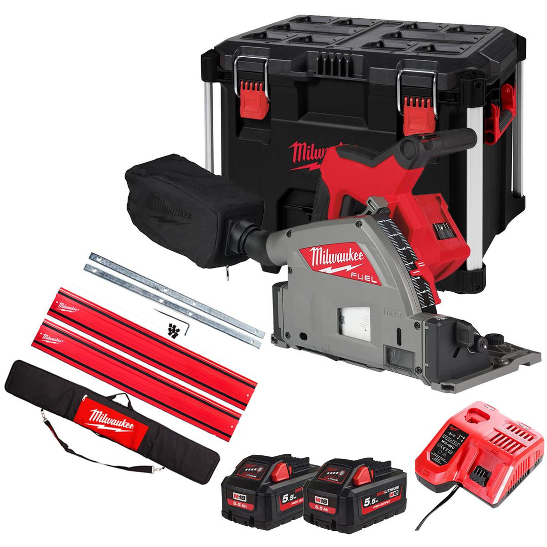 Milwaukee M18FPS55-552PEB 18V 165mm Fuel Brushless Plunge Saw with 2 x 5.5Ah Battery & Guide Rail Kit