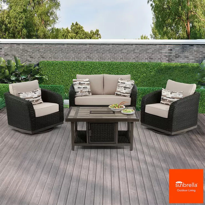 Agio Cameron 4 Piece Woven Deep Seating Set All-weather wicker is resistant to fading, stains, mildew and stretching