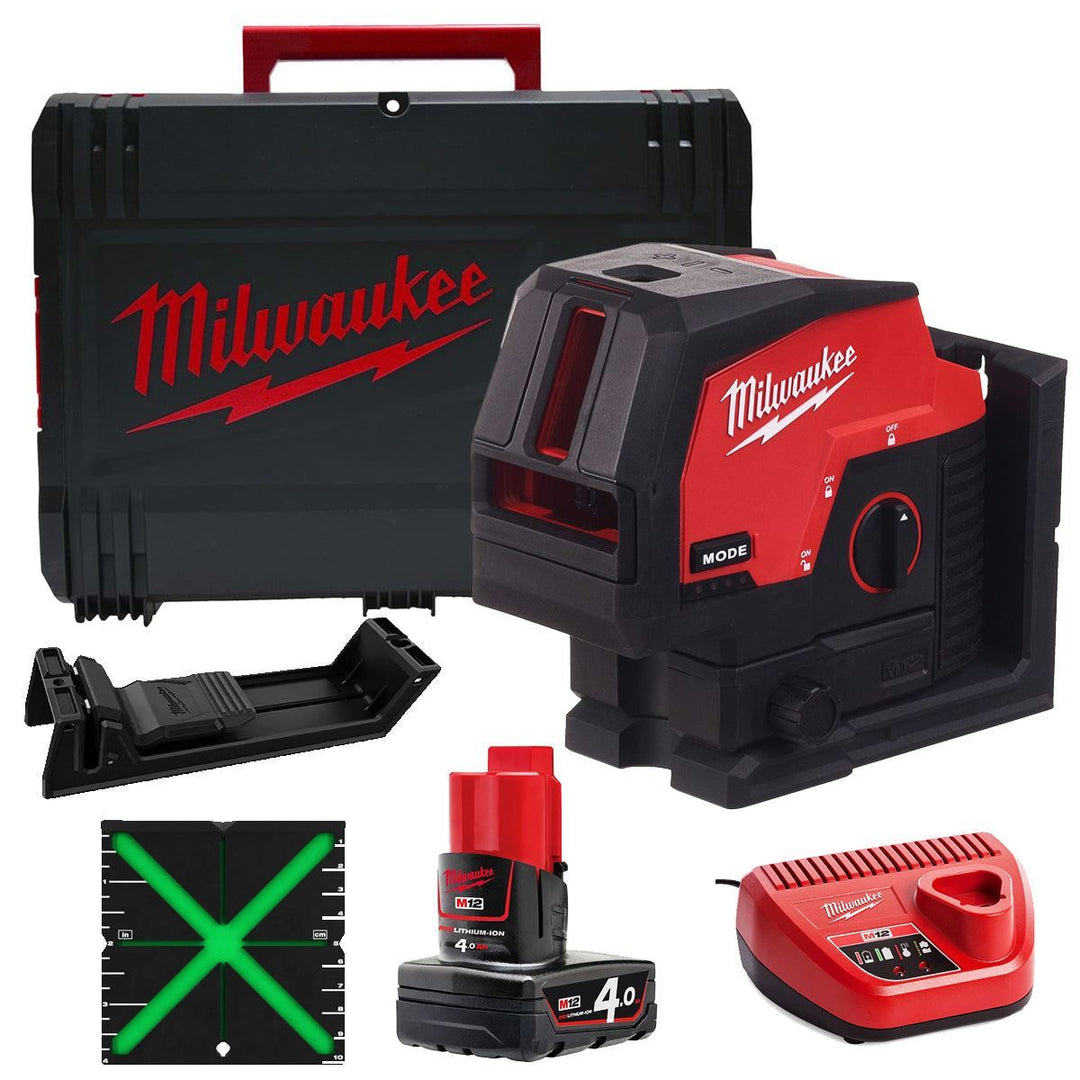Milwaukee M12CLLP-0 12V Green Cross Line 2 Plane Laser 360° with 1 x 4.0Ah Battery Charger & Case