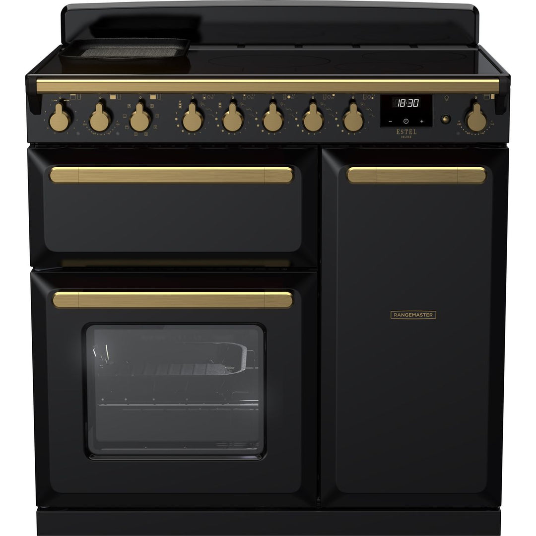 Rangemaster Estel Deluxe ESDL90EIPGBL/AB1 90cm wide Electric Range Cooker with Induction Hob - Black / Antique Brass