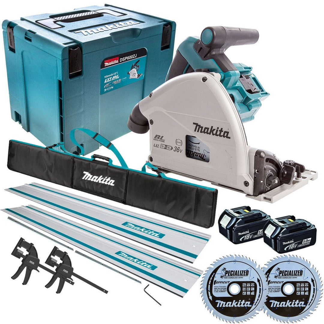 Makita DSP600TJ 36V 165mm Brushless Plunge Saw 2 x 5.0Ah &amp; Accessories Set