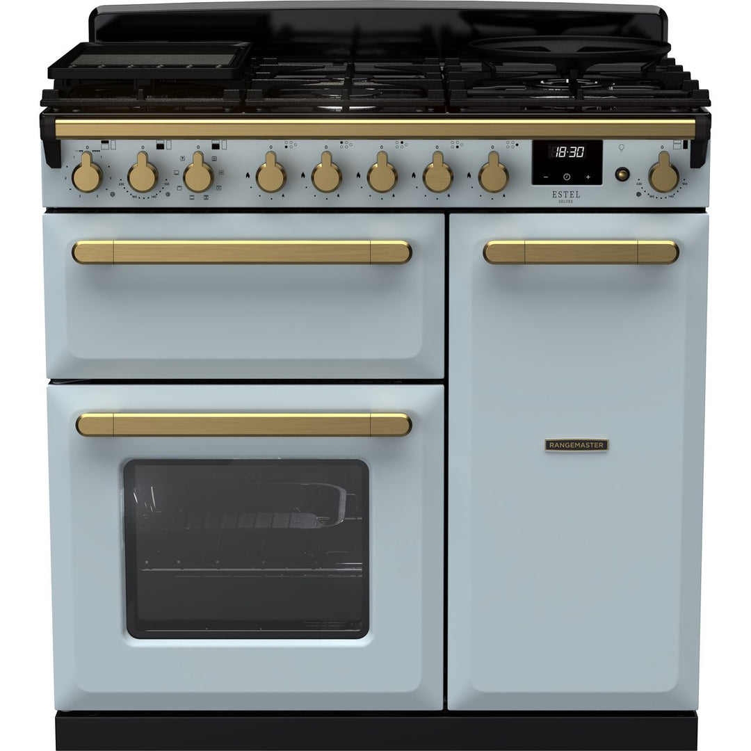 Rangemaster Estel Deluxe ESDL90DFPMSB/AB1 90cm wide Dual Fuel Range Cooker with Gas Hob - Misty Blue / Antique Brass