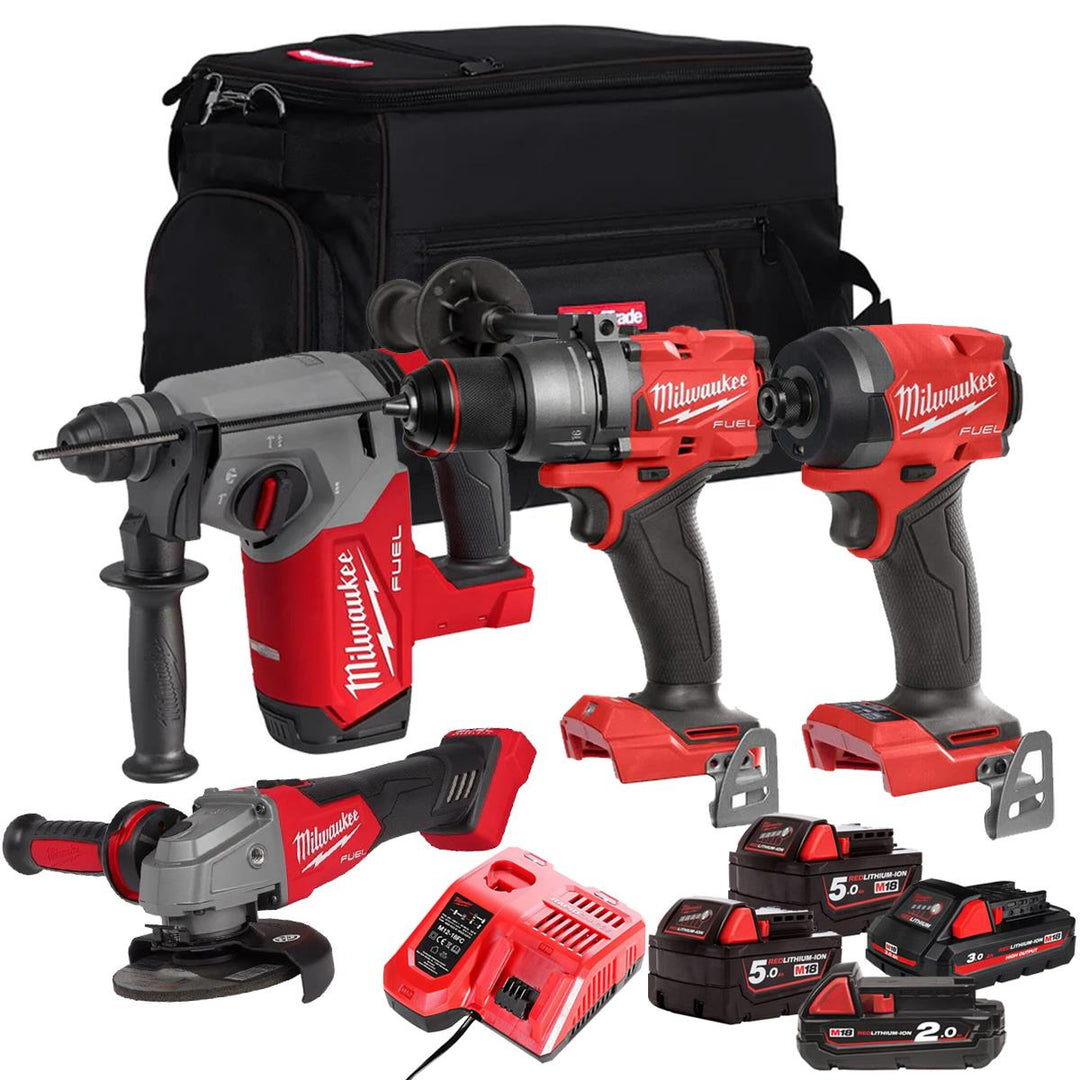 Milwaukee M18FPP26Z-504B 18V Brushless 4 Piece Power Tool Kit With 4 x Batteries Charger & Bag