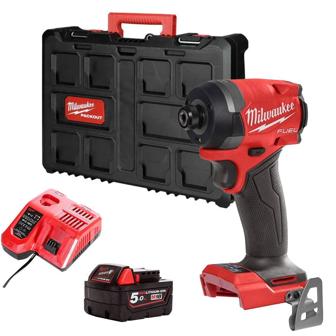 Milwaukee M18FID3-0 18V Fuel Brushless Impact Driver with 1 x 5.0Ah Battery Charger &amp; Empty Tool Box (Without Inlay)