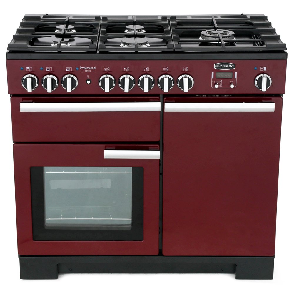 Rangemaster Professional Deluxe PDL100DFFCY/C 100cm wide Dual Fuel Range Cooker with Gas Hob - Cranberry