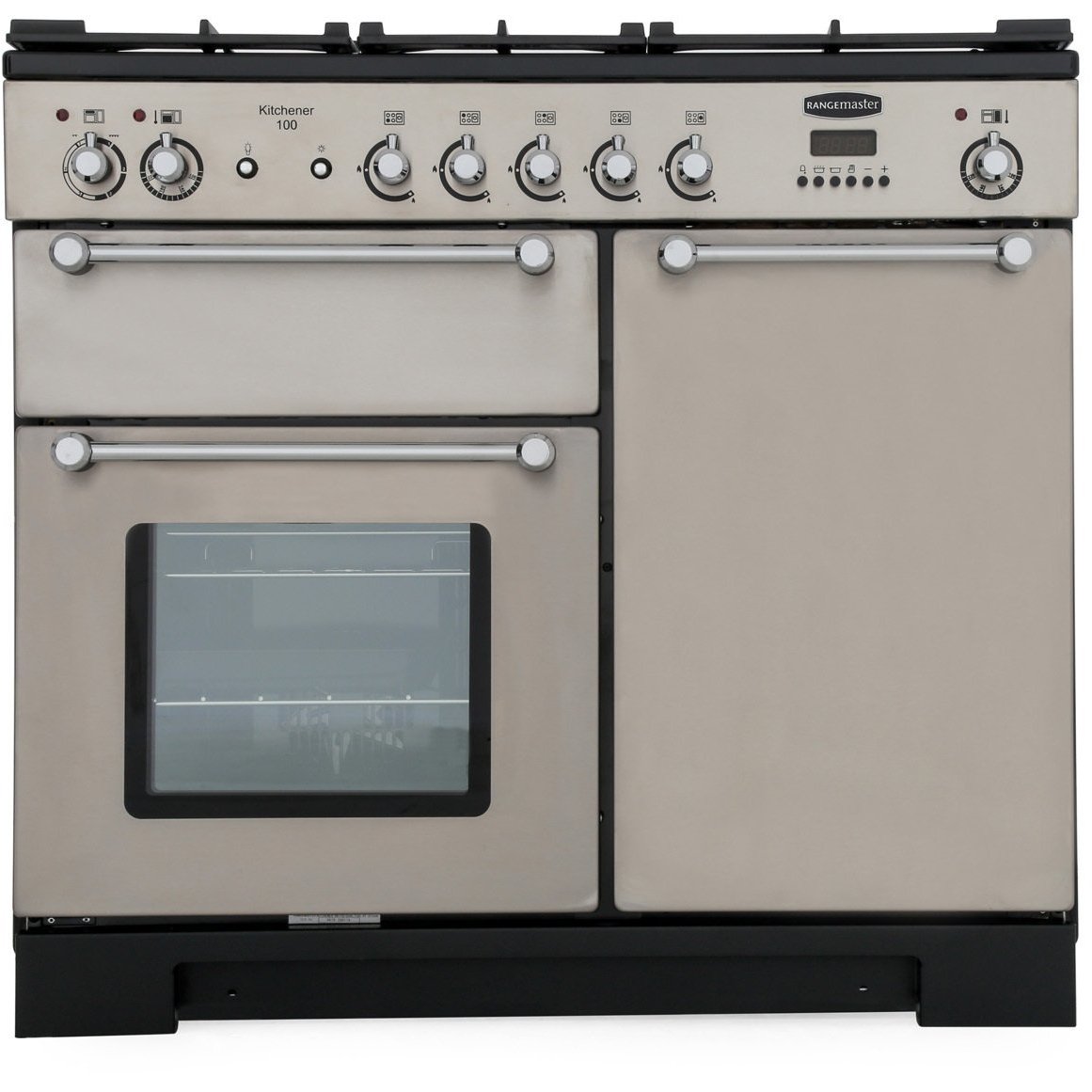 Rangemaster Kitchener KCH100DFFSS/C 100cm wide Dual Fuel Range Cooker with Gas Hob - Stainless Steel / Chrome