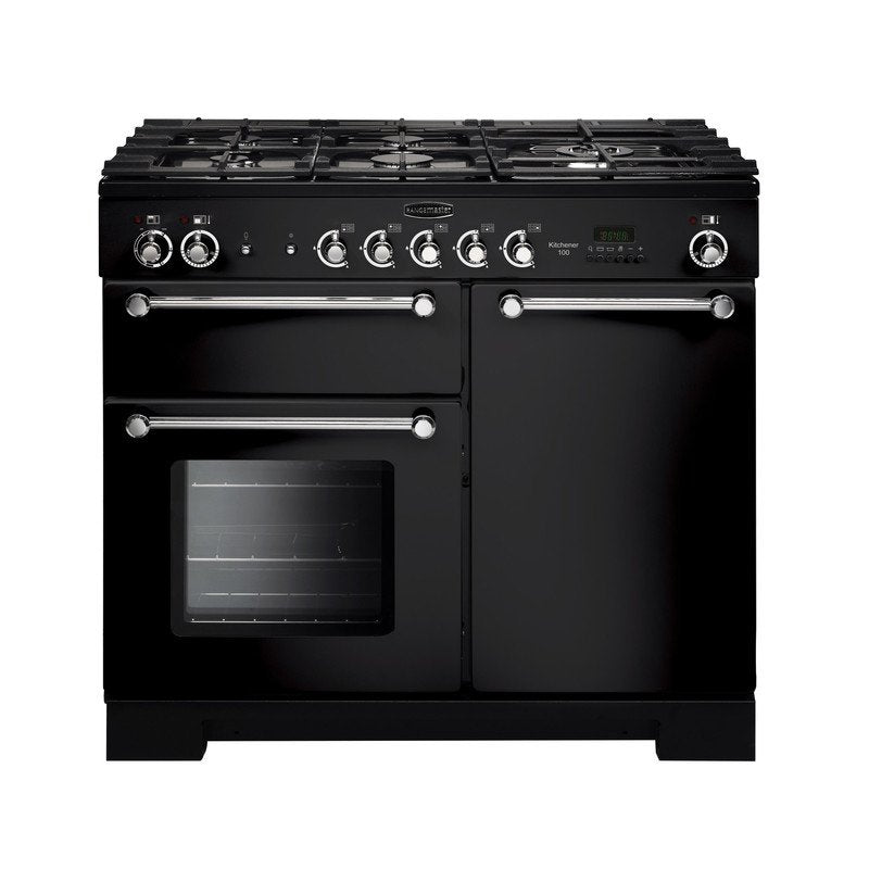 Rangemaster Kitchener KCH100DFFBL/C 100cm wide Dual Fuel Range Cooker with Gas Hob - Black / Chrome
