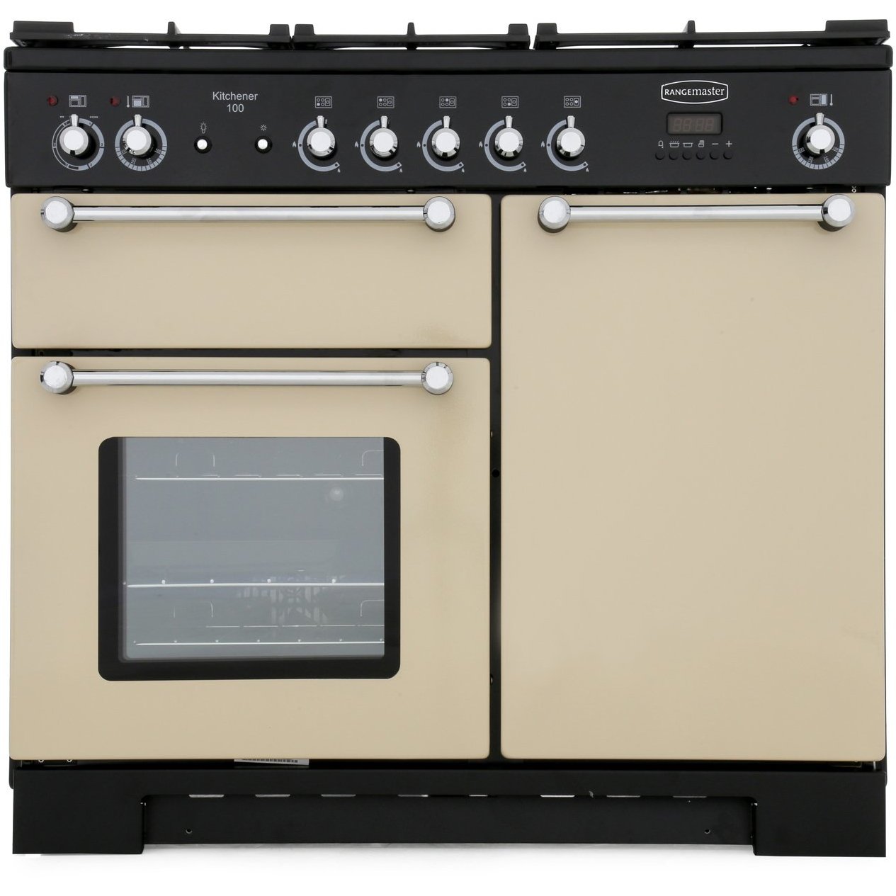 Rangemaster Kitchener KCH100DFFCR/C 100cm wide Dual Fuel Range Cooker with Gas Hob - Cream / Chrome