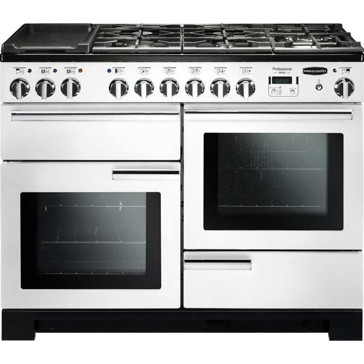 Rangemaster Professional Deluxe PDL110DFFWH/C 110cm wide Dual Fuel Range Cooker with Gas Hob - White
