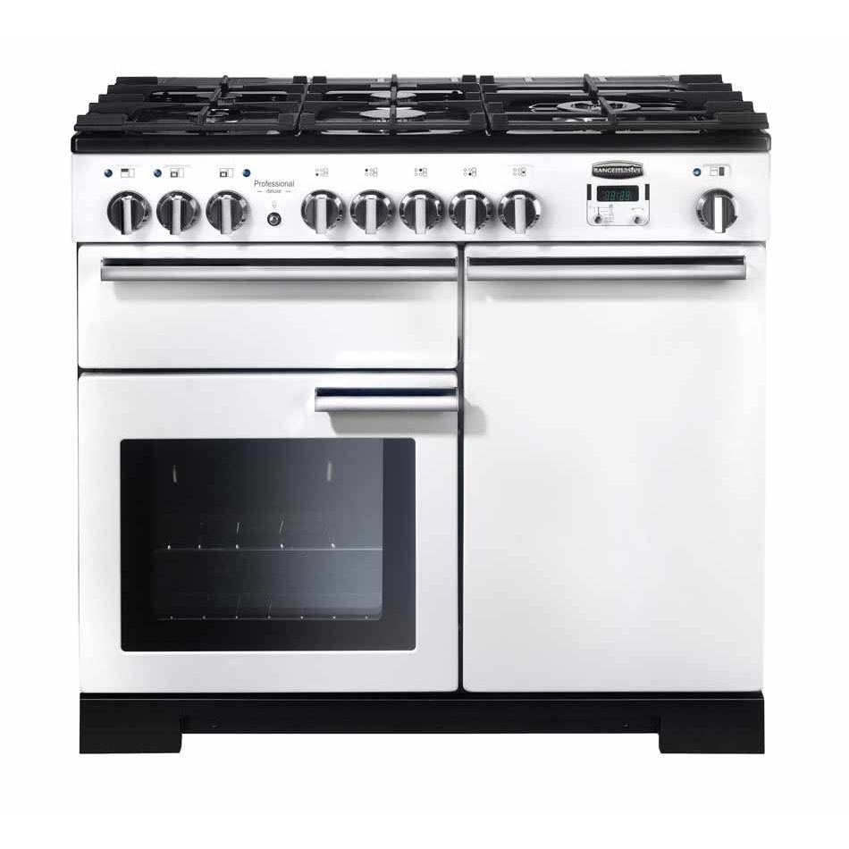 Rangemaster Professional Deluxe PDL100DFFWH/C 100cm wide Dual Fuel Range Cooker with Gas Hob - White