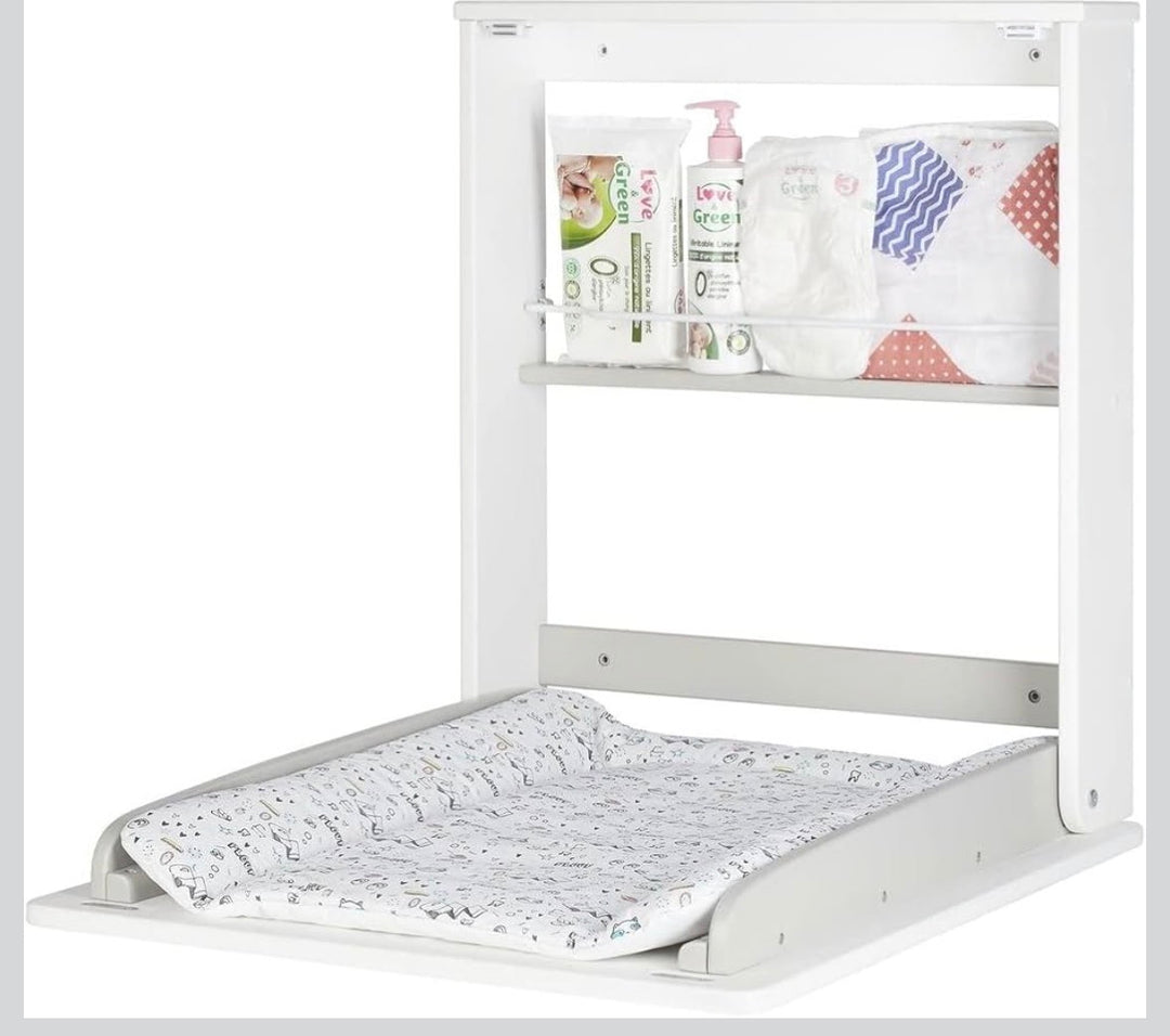 Badabulle Wall Mounted Changing Table, fold down baby changing unit with changing mat and storage