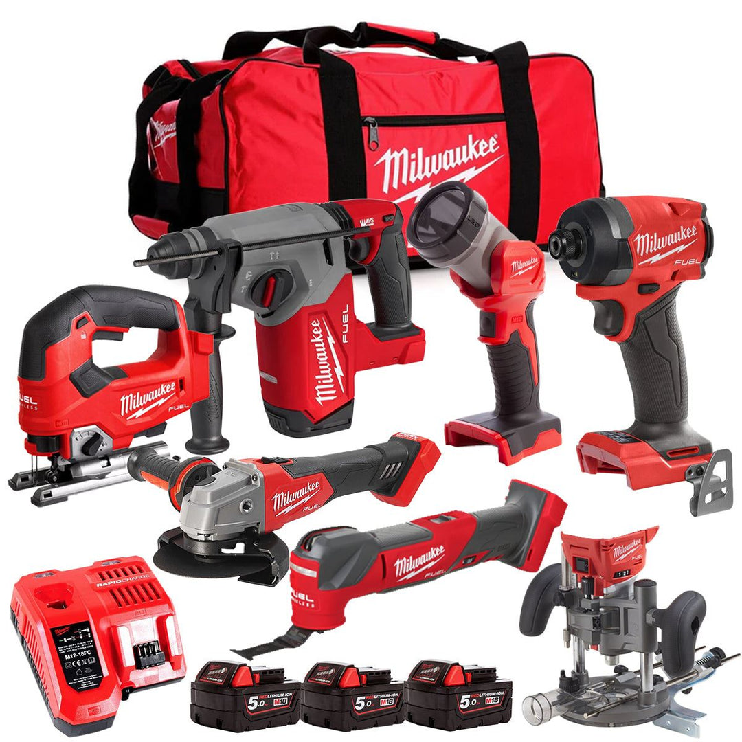 Milwaukee M18FPP6L3-503BK28 18V Brushless 7 Piece Tool Kit with 3 x 5.0Ah Batteries Charger & Wheeled Bag