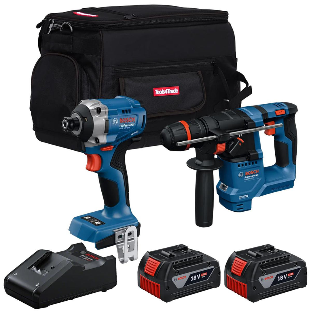 Bosch 18V Brushless Hammer Drill & Impact Driver with 2 x 4.0Ah Battery Charger & Bag T4TKIT-28116