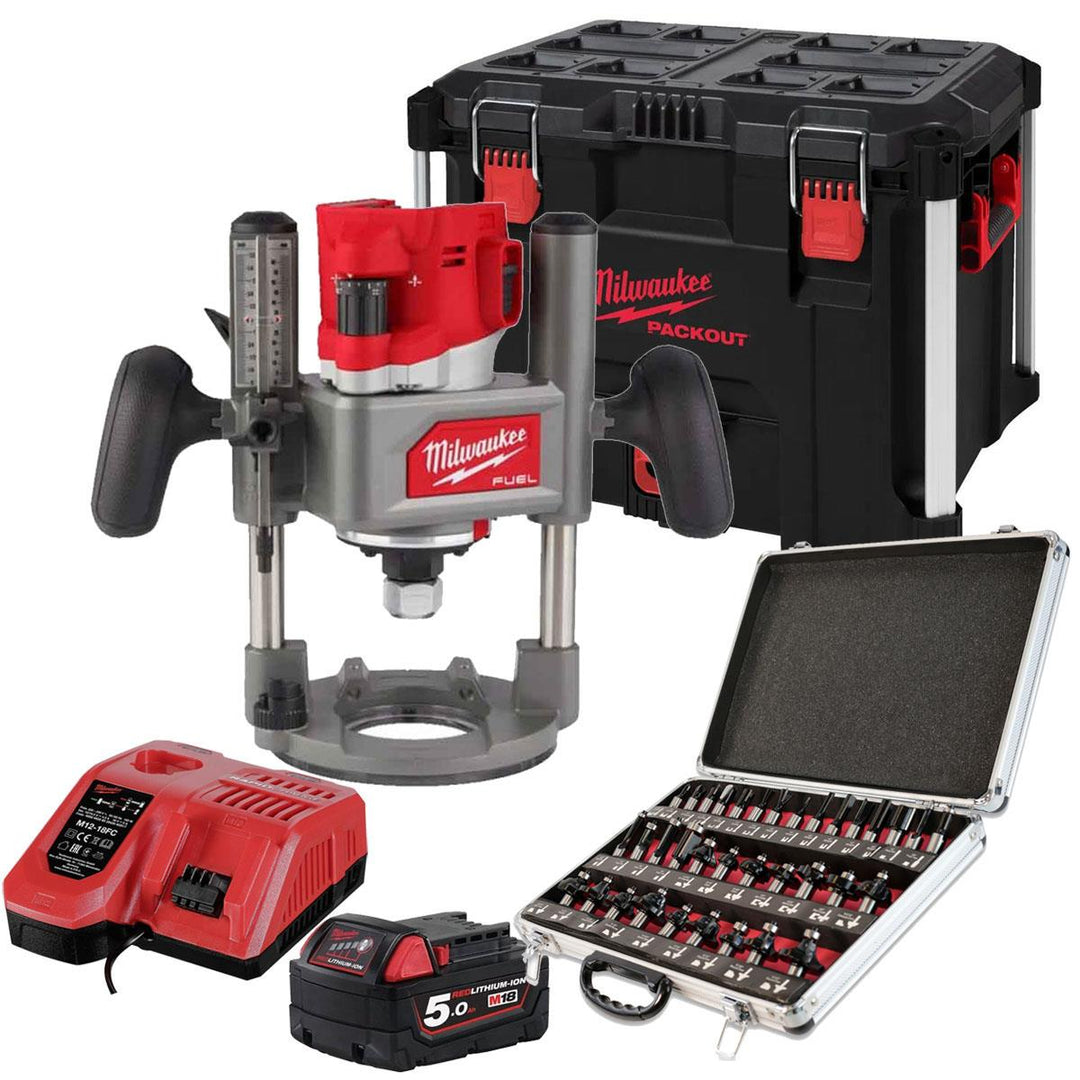 Milwaukee M18FR12KIT 18V Fuel Brushless 1/2" Router Cutter with 1 x 5.0Ah Battery Charger Case & 35 Piece Cutter Set