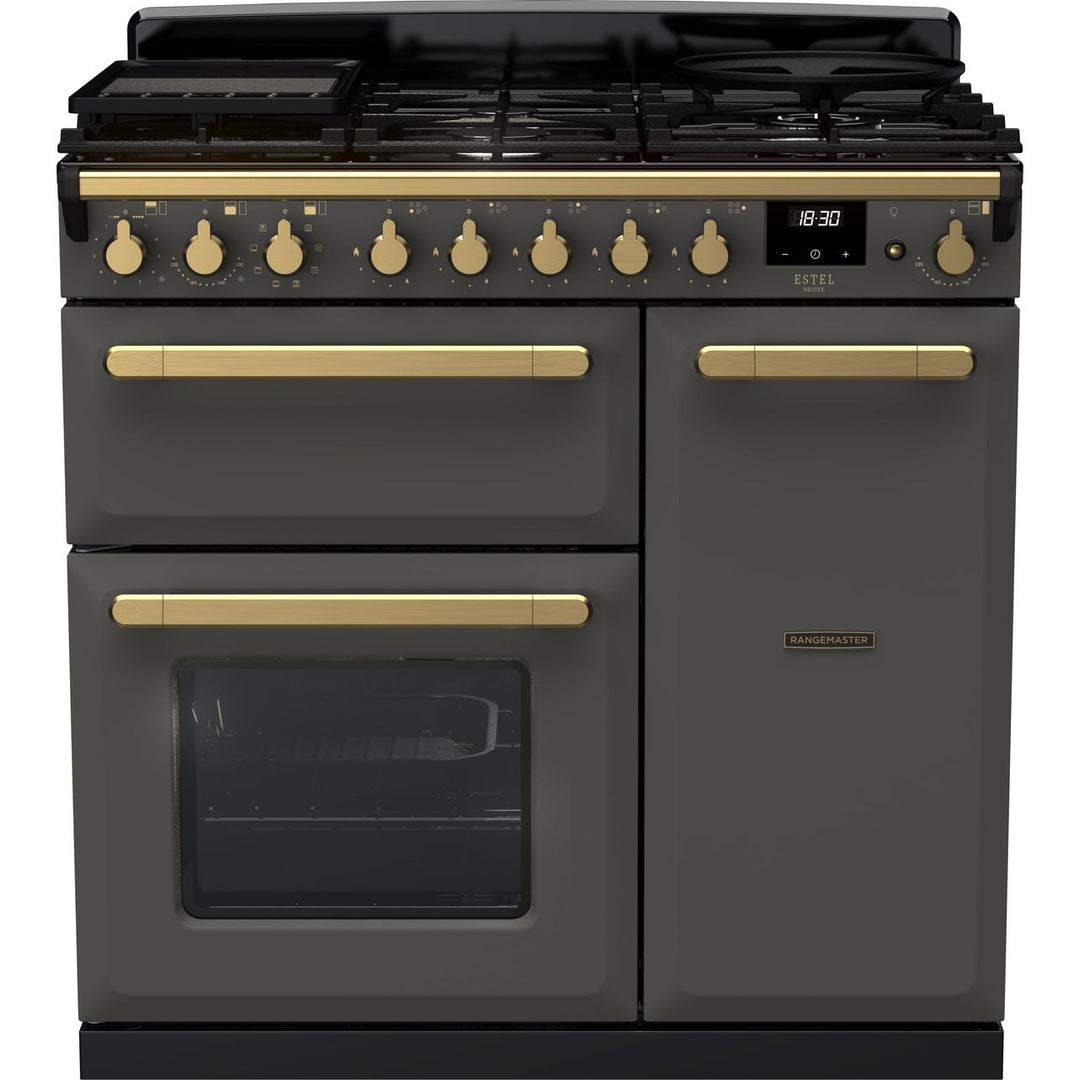 Rangemaster Estel Deluxe ESDL90DFPSLT/AB1 90cm wide Dual Fuel Range Cooker with Gas Hob - Slate / Antique Brass