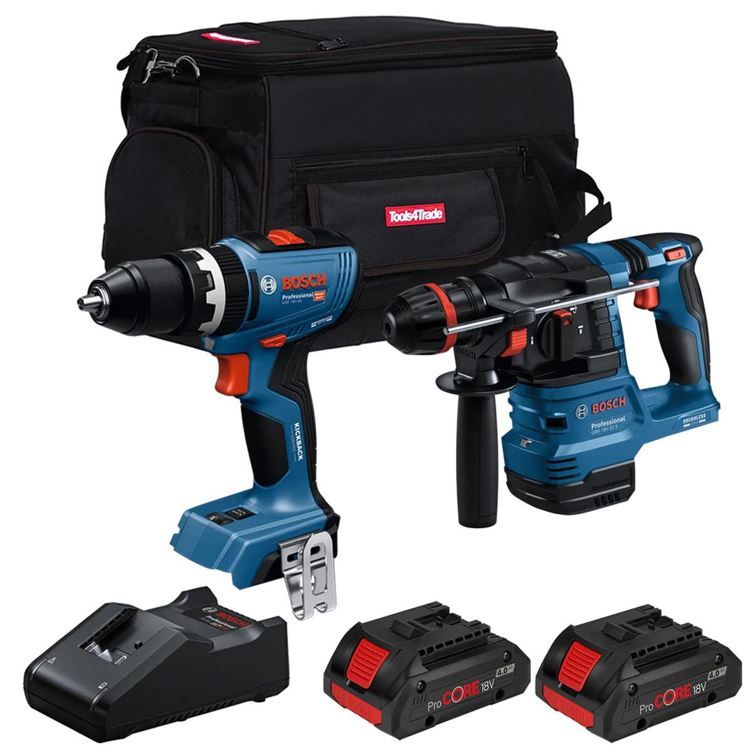 Bosch 18V Brushless Hammer Drill & Combi Drill with 2 x 4.0Ah Battery Charger & Bag T4TKIT-28120