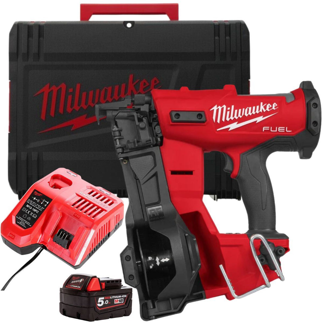 Milwaukee M18FRCN45-0X 18V FUEL Brushless Roofing Coil Nailer with 1 x 5.0Ah Battery Charger & Case