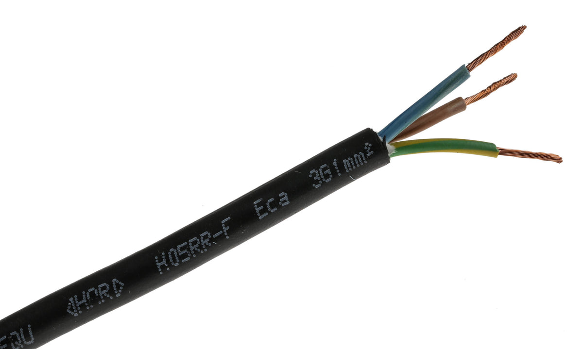 TieDex UK H05RR-F 3 Core Power Cable, Black 1mm² 60 °C, 50 m Rubber