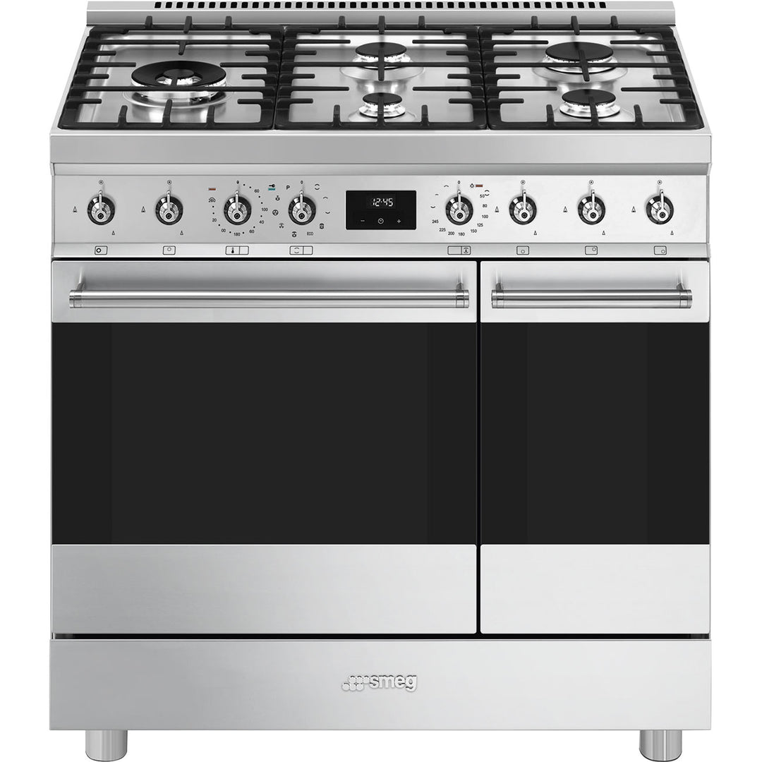 Smeg Symphony C92GPX2 90cm wide Dual Fuel Range Cooker with Gas Hob and Pyrolytic Cleaning - Stainless Steel - A / A Rated
