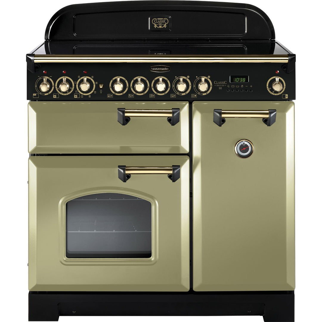 Rangemaster Classic Deluxe CDL90ECOG/B 90cm wide Electric Range Cooker with Ceramic Hob - Olive Green / Brass