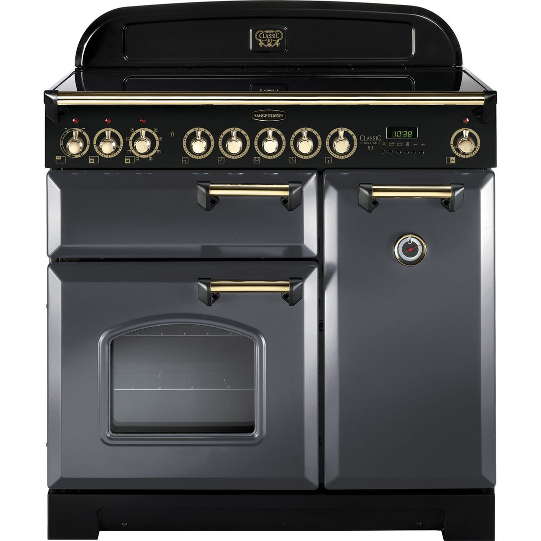 Rangemaster Classic Deluxe CDL90EISL/B 90cm wide Electric Range Cooker with Induction Hob - Slate Grey / Brass