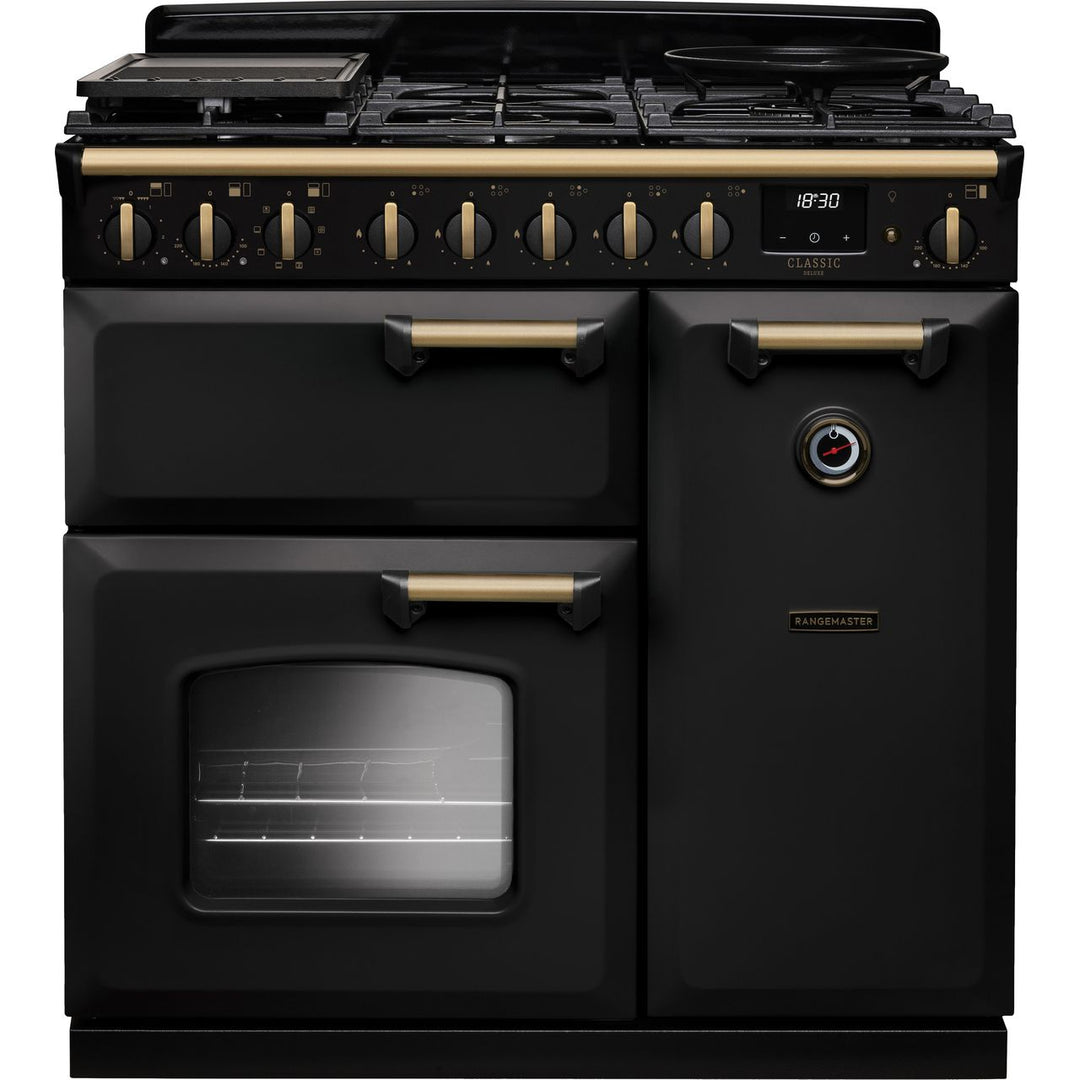 Rangemaster Classic Deluxe 90 CLDL90DFPCBL/AB1 90cm wide Dual Fuel Range Cooker with Gas Hob - Charcoal Black / Antique Brass