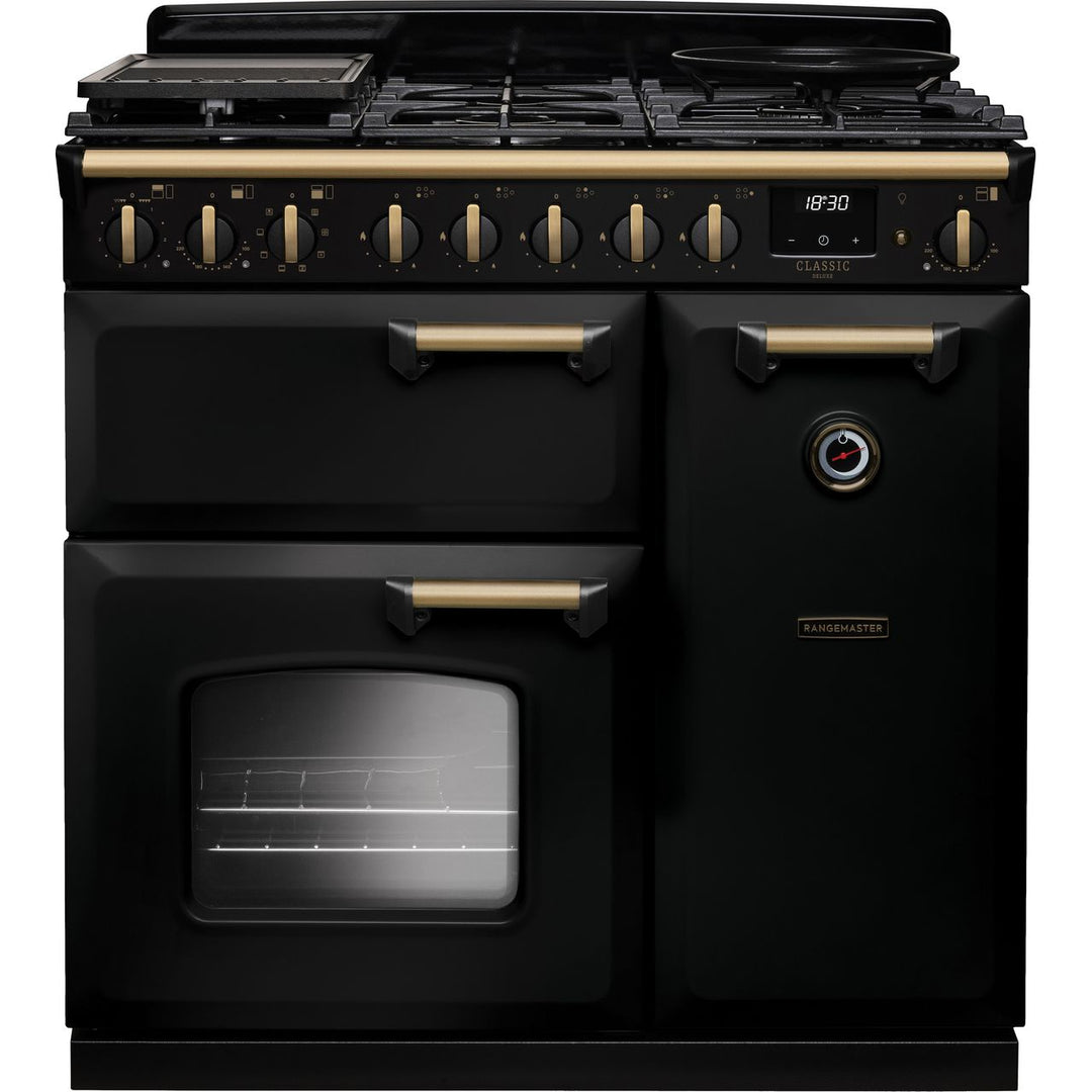 Rangemaster Classic Deluxe 90 CLDL90DFPGBL/AB1 90cm wide Dual Fuel Range Cooker with Gas Hob - Black / Antique Brass