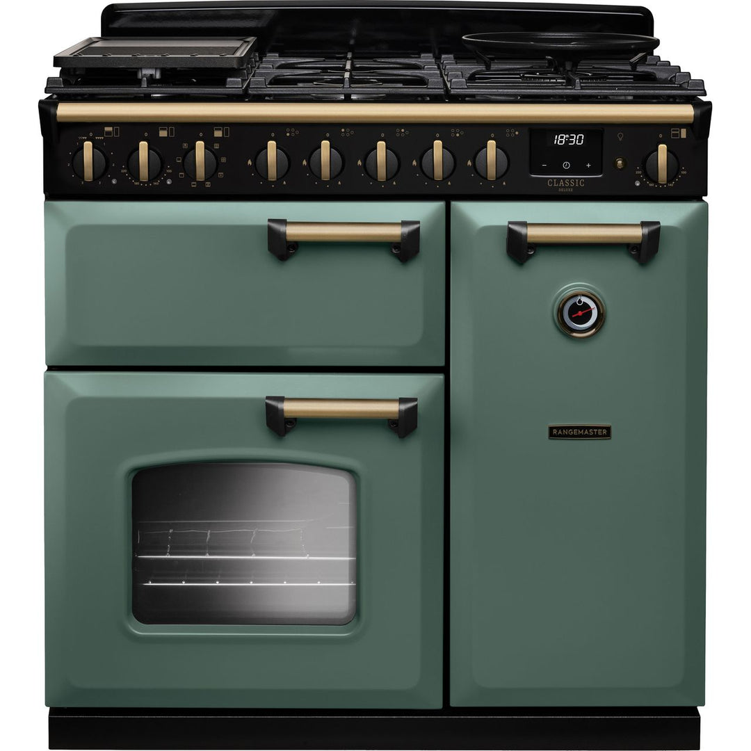 Rangemaster Classic Deluxe 90 CLDL90DFPMGR/AB1 90cm wide Dual Fuel Range Cooker with Gas Hob - Mineral Green / Antique Brass