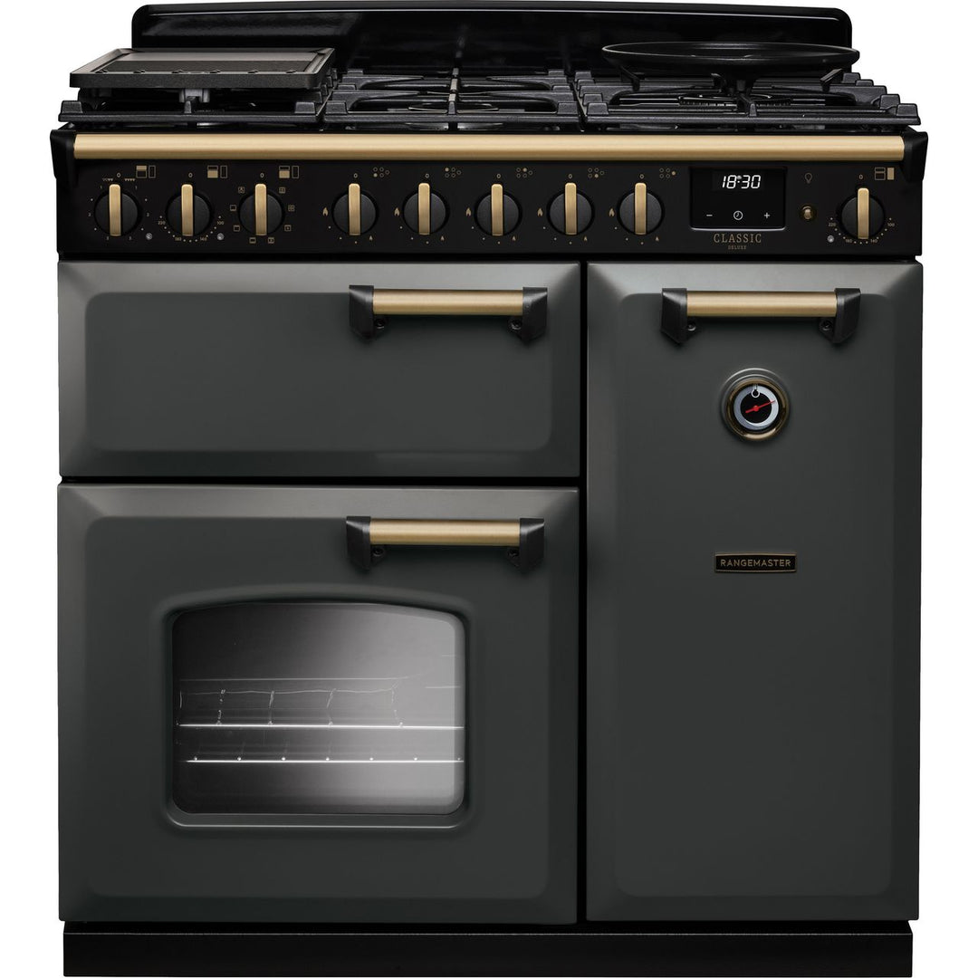Rangemaster Classic Deluxe 90 CLDL90DFPSLT/AB1 90cm wide Dual Fuel Range Cooker with Gas Hob - Slate / Antique Brass