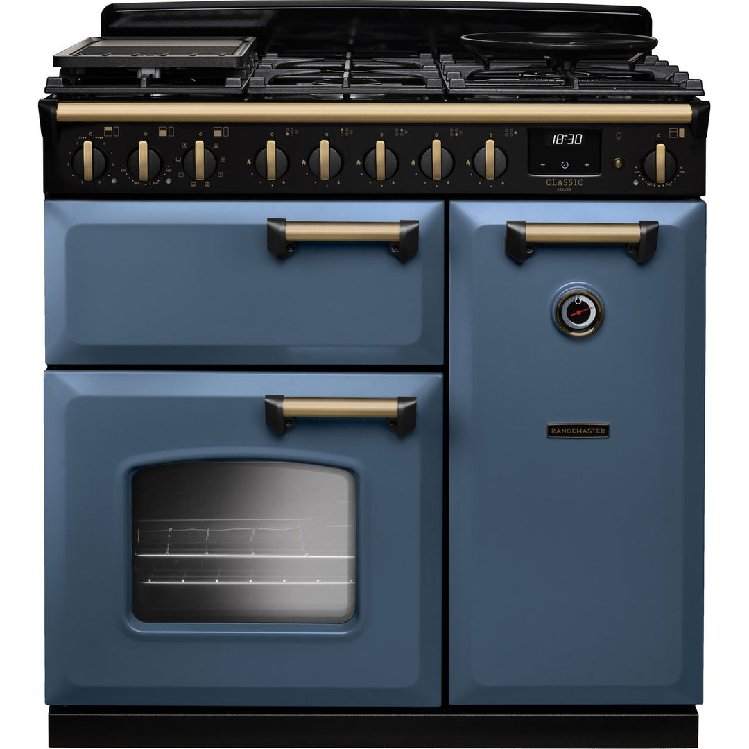Rangemaster Classic Deluxe 90 CLDL90DFPSTB/AB1 90cm wide Dual Fuel Range Cooker with Gas Hob - Stone Blue / Antique Brass