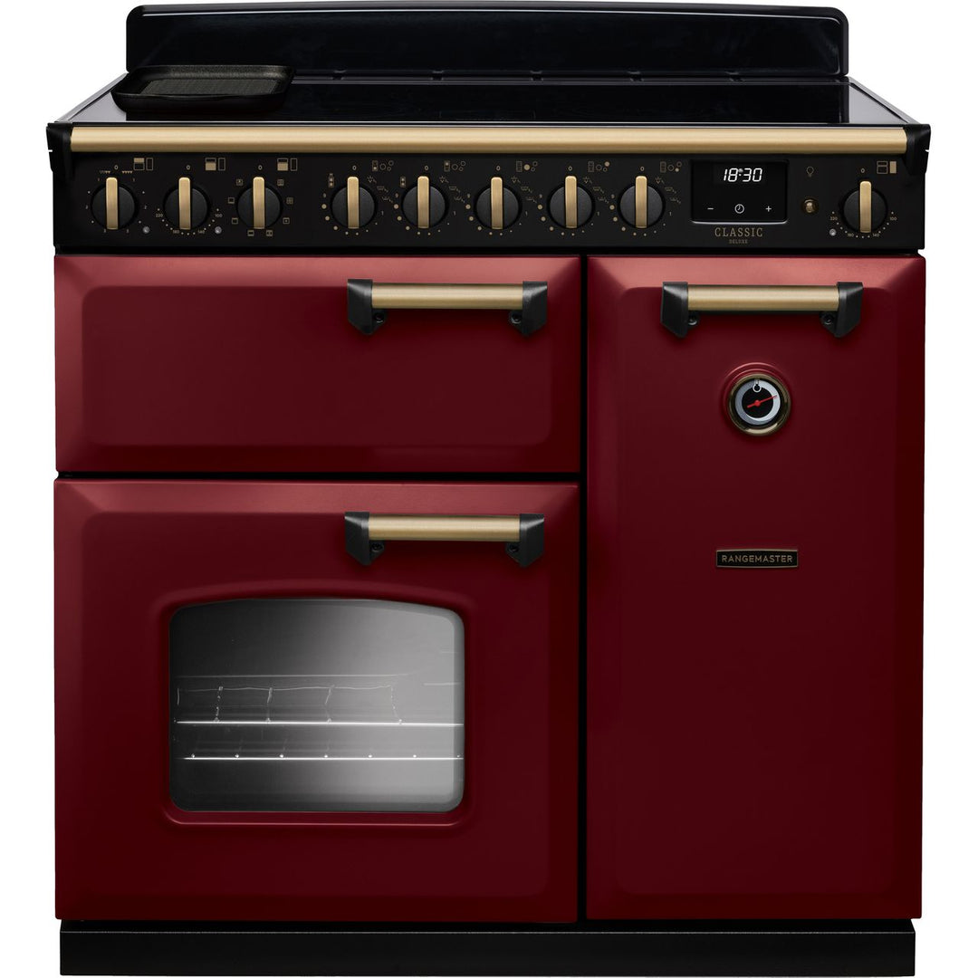 Rangemaster Classic Deluxe CLDL90EIPBOR/AB1 90cm wide Electric Range Cooker with Induction Hob - Bordeaux / Antique Brass